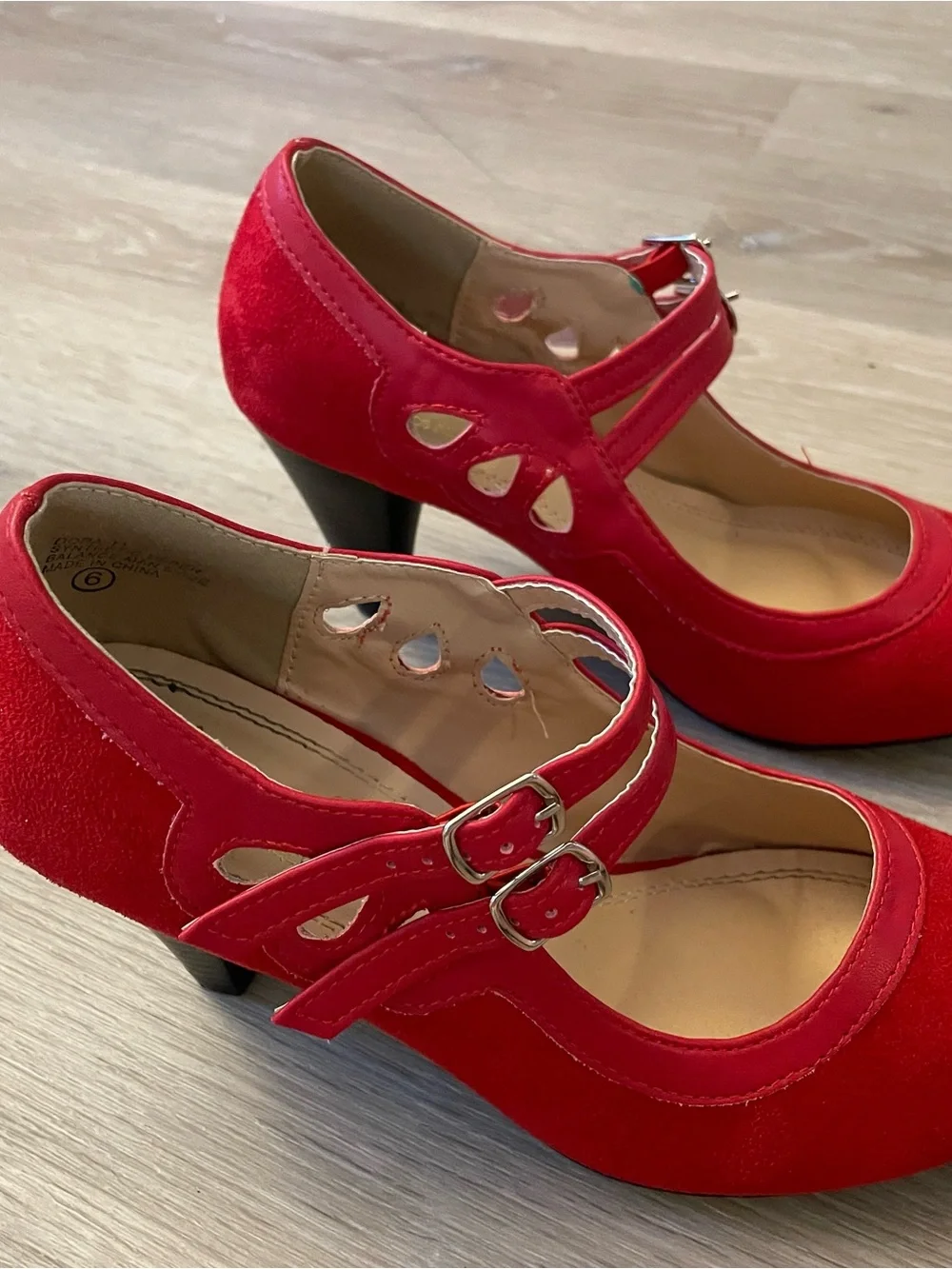 Chase + Chloe Red Mary Jane Suede Heels with Buckle Straps 6 36.5